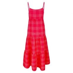 Maxi Linen-Blend Strap Check Dress - Fuchsia Check By Haris Cotton