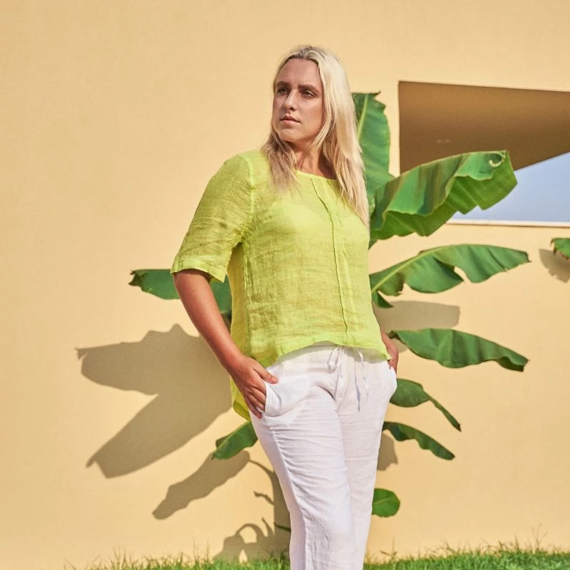 Linen Gauze Short Sleeved High-Low Blouse - Green By Haris Cotton 4 Linen Gauze Short Sleeved High-Low Blouse - Green By Haris Cotton - Image 4