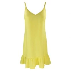 Knee Length Linen Dress With Ruffles - Yellow By Haris Cotton
