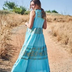 Split Neck Sleeveless Maxi Linen Dress With Embroidered Cotton Panels - Zante Blue By Haris Cotton -Cheap Haris Cotton Store pwqso3qbwafh7d9mofh4