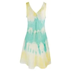 "V" Neckline Flared Linen Tie Dye Dress - Melon/Island Green By Haris Cotton