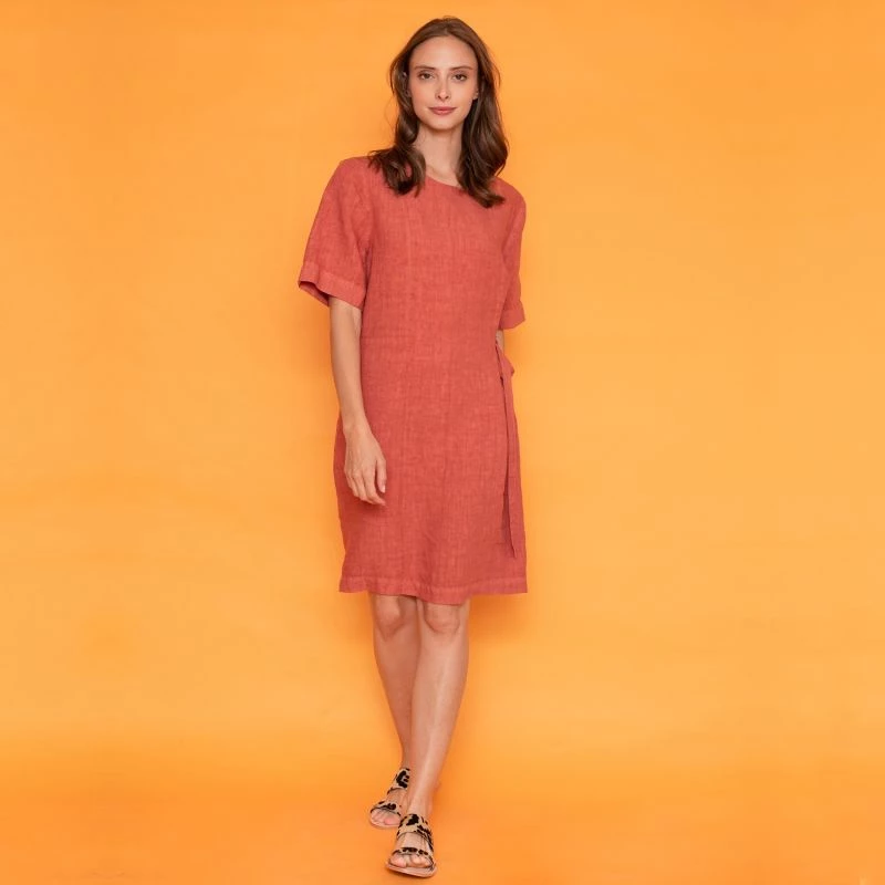 Linen Front Tie Knee Length Dress - Halkos By Haris Cotton 2 Linen Front Tie Knee Length Dress - Halkos By Haris Cotton - Image 2