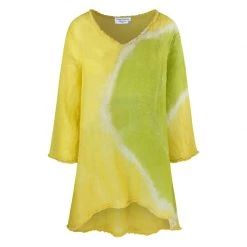 "V" Neckline Flared Linen Gauze Tie Dye Top - Spring Green/Yellow By Haris Cotton