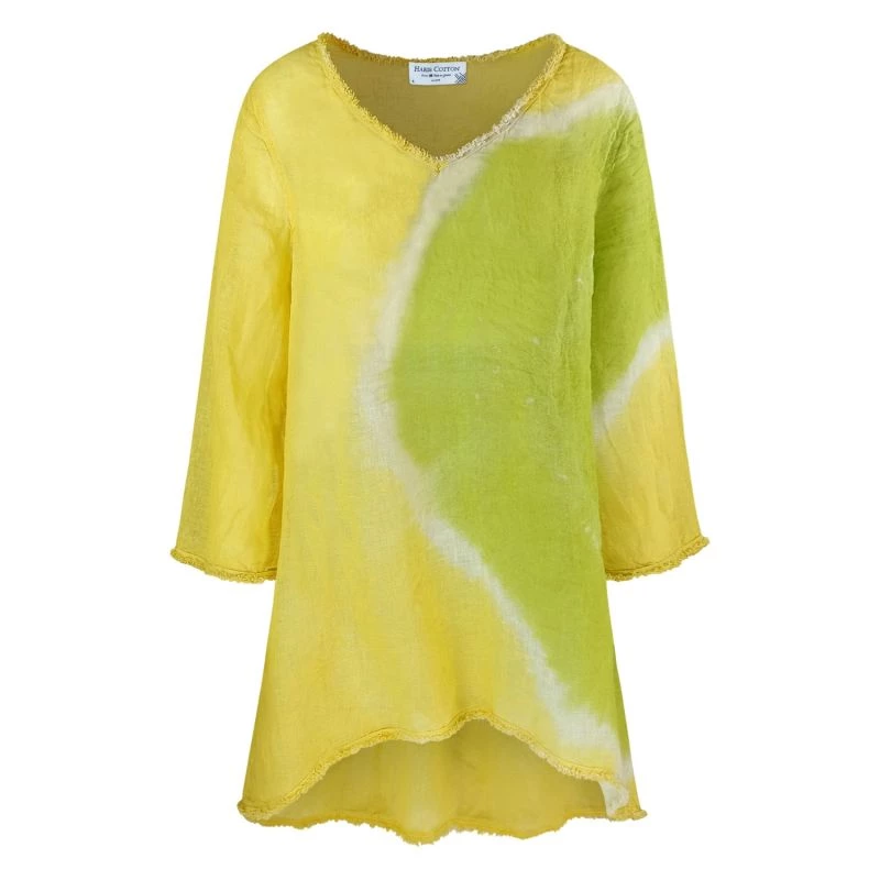 "V" Neckline Flared Linen Gauze Tie Dye Top - Spring Green/Yellow By Haris Cotton 1 "V" Neckline Flared Linen Gauze Tie Dye Top - Spring Green/Yellow By Haris Cotton