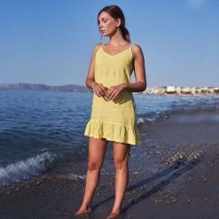 Knee Length Linen Dress With Ruffles - Yellow By Haris Cotton -Cheap Haris Cotton Store riyhmkm4fom1zdhlyzji