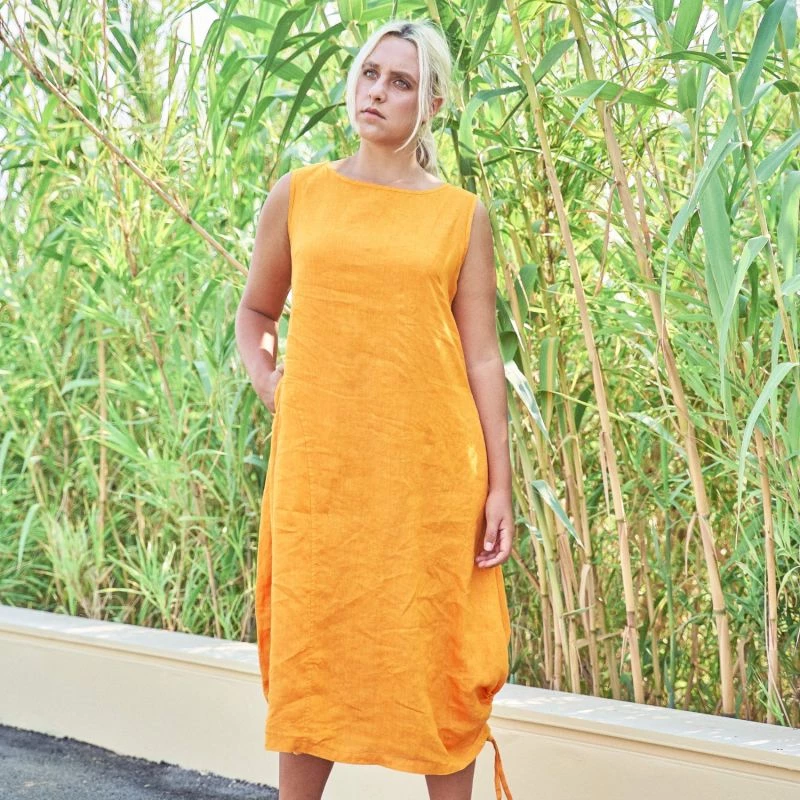 Sleeveless Maxi Balloon Shaped Linen Dress - Ochre By Haris Cotton 3 Sleeveless Maxi Balloon Shaped Linen Dress - Ochre By Haris Cotton - Image 3