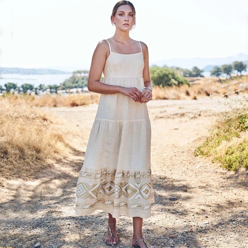 Maxi Linen Strap Dress With Embroidered Panels - Melon By Haris Cotton 2 Maxi Linen Strap Dress With Embroidered Panels - Melon By Haris Cotton - Image 2