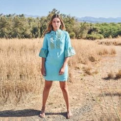 Linen Mini Dress With Embroidered Panels - Zante Blue By Haris Cotton -Cheap Haris Cotton Store rzvd5ianxn0qnng4vdaq