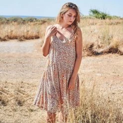 Printed Viscose Strap Dress With Ruffles - Ochre By Haris Cotton -Cheap Haris Cotton Store sauynjsjhdgrgwsmbaly