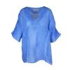 V-Neck Linen Gauze Freddo Dye Loose-Fit Blouse- Aegean Blue By Haris Cotton