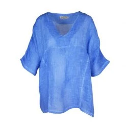V-Neck Linen Gauze Freddo Dye Loose-Fit Blouse- Aegean Blue By Haris Cotton