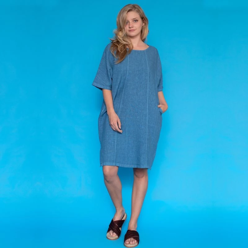 Linen Loose Fit Dress With Back Buttons - Blue By Haris Cotton 2 Linen Loose Fit Dress With Back Buttons - Blue By Haris Cotton - Image 2