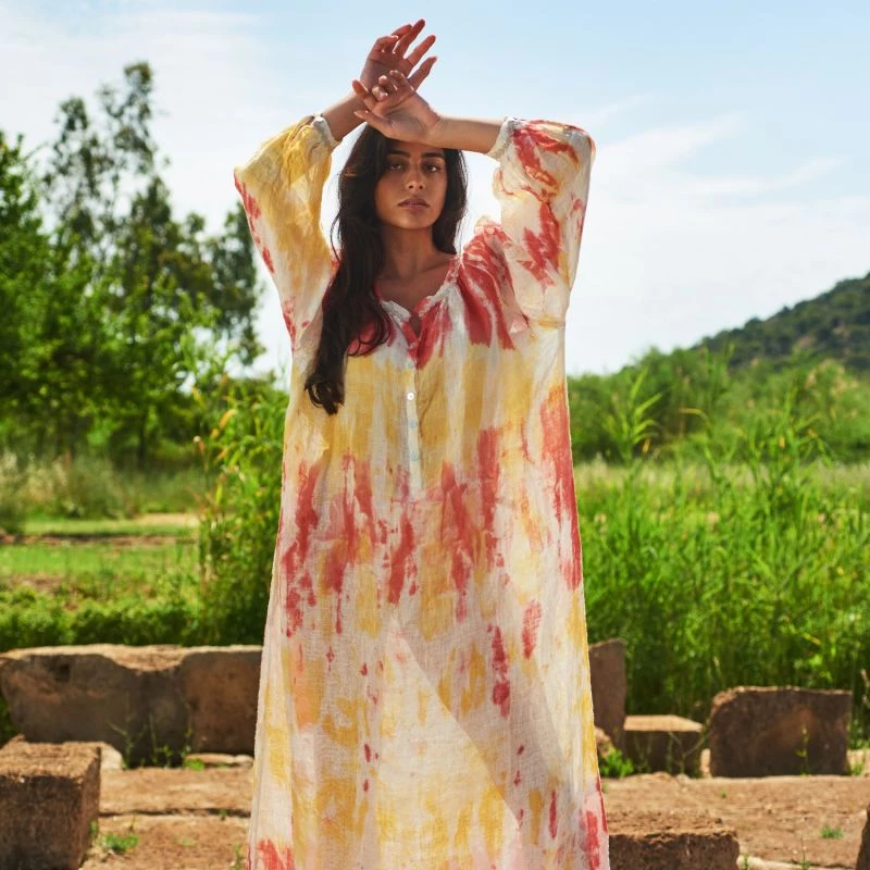 Linen Gauze Tie Dye Kaftan Dress - Yellow/Coral Reef By Haris Cotton 3 Linen Gauze Tie Dye Kaftan Dress - Yellow/Coral Reef By Haris Cotton - Image 3