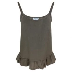 Strapped Linen Top With Ruffles - Taupe By Haris Cotton