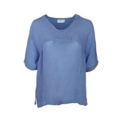 V-Neck Linen Gauze Loose-Fit Blouse - Leisure Blue By Haris Cotton