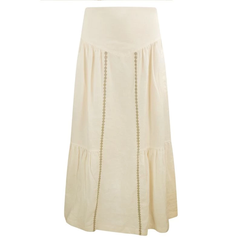 Maxi Linen Ruffled Skirt With Embroidered Trim - Yellow & Orange By Haris Cotton 1 Maxi Linen Ruffled Skirt With Embroidered Trim - Yellow & Orange By Haris Cotton