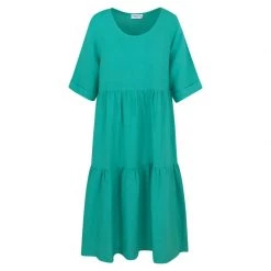 Loose Fit Midi Linen Dress With Ruffles - Island Green By Haris Cotton