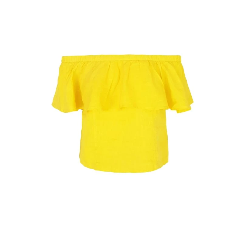 Off Shoulders Linen Cropped Top With Ruffles - Sunrise Yellow By Haris Cotton 1 Off Shoulders Linen Cropped Top With Ruffles - Sunrise Yellow By Haris Cotton