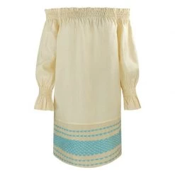 Mini Linen Off Shoulders Dress With Embroidered Cotton Panels - Melon By Haris Cotton