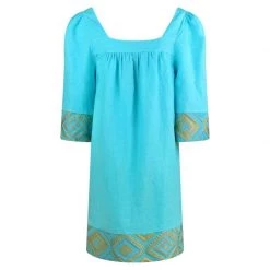 Midi Linen Dress With Emdroidered Panels - Zante Blue By Haris Cotton