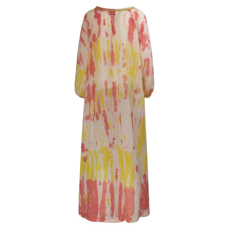 Linen Gauze Tie Dye Kaftan Dress - Yellow/Coral Reef By Haris Cotton 2 Linen Gauze Tie Dye Kaftan Dress - Yellow/Coral Reef By Haris Cotton - Image 2