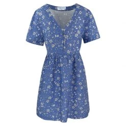 Short-sleeved Mini Dress With V Neck And Buttons - Regatta By Haris Cotton