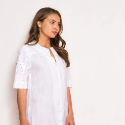 Linen Front Zip Dress With Embroidered Panels - White By Haris Cotton -Cheap Haris Cotton Store wsrt8gpttsaesfyfr07a