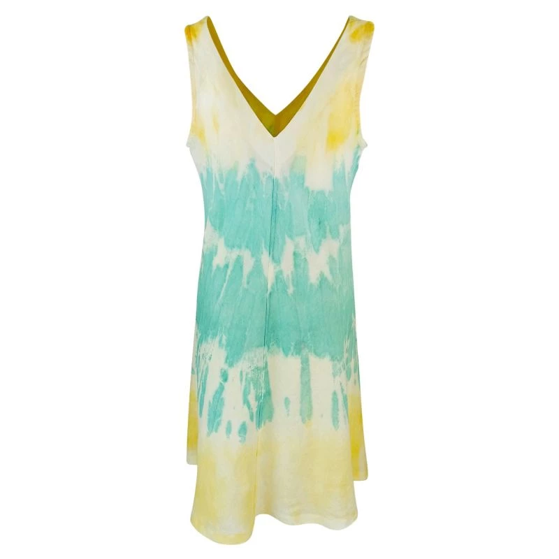 "V" Neckline Flared Linen Tie Dye Dress - Melon/Island Green By Haris Cotton 2 "V" Neckline Flared Linen Tie Dye Dress - Melon/Island Green By Haris Cotton - Image 2