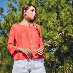 Linen Top With Ruffles - Coral Reef By Haris Cotton -Cheap Haris Cotton Store wxzmbyeffkufoiuhlnlt