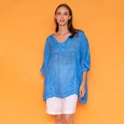V-Neck Linen Gauze Freddo Dye Loose-Fit Blouse- Aegean Blue By Haris Cotton 7 V-Neck Linen Gauze Freddo Dye Loose-Fit Blouse- Aegean Blue By Haris Cotton -Cheap Haris Cotton Store xdgadcm4hcrfgj89uh75