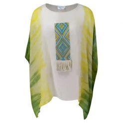 Tie-Dye Linen Gauze Loose Fit Blouse With Embroidered Panel - Yellow/Spring Green By Haris Cotton