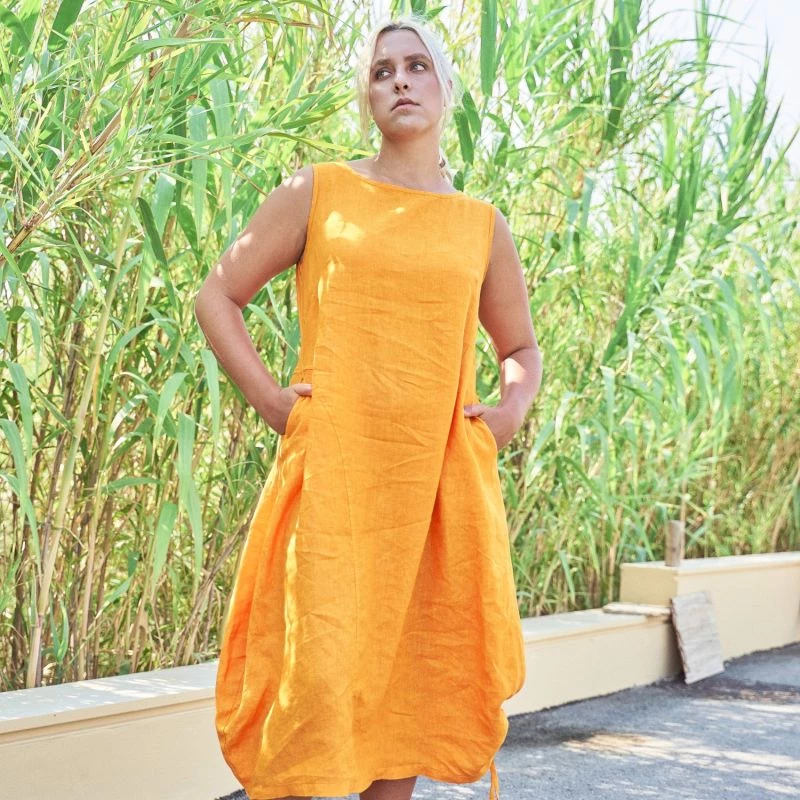 Sleeveless Maxi Balloon Shaped Linen Dress - Ochre By Haris Cotton 4 Sleeveless Maxi Balloon Shaped Linen Dress - Ochre By Haris Cotton - Image 4