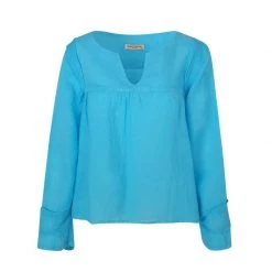 Linen Gauze Blouse With Elastic Linen Trims- Tropical Sea By Haris Cotton