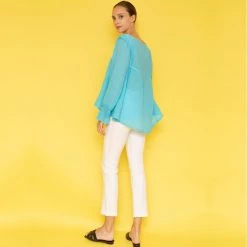 Linen Gauze Blouse With Elastic Linen Trims- Tropical Sea By Haris Cotton -Cheap Haris Cotton Store zblnywsd4fwpukcibdzw